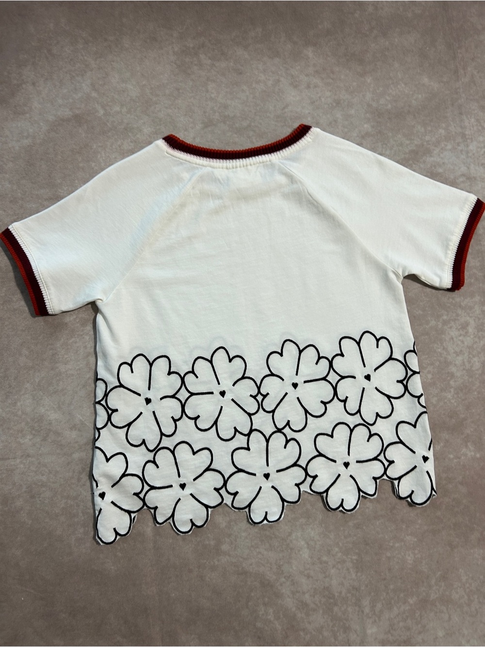 Maeve Anthropologie White Floral Short Sleeve Top Red Burgundy Trim 100% Cotton - Picture 4 of 6